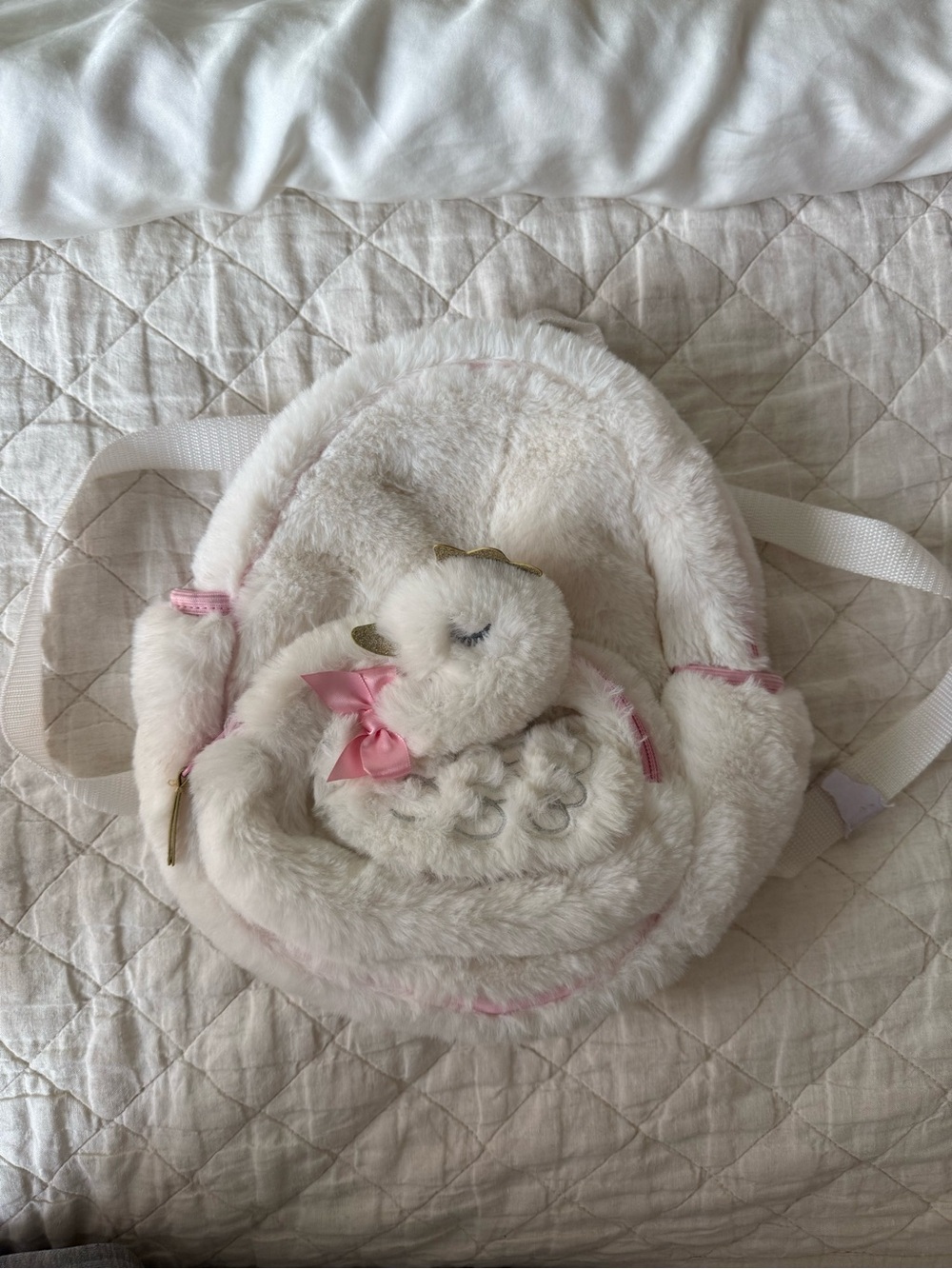 Plush Swan Kids Backpack - Soft Pink and White